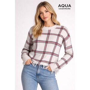 Aqua Cashmere Womens Plaid Distressed Frayed Hem Crewneck Sweater Cream Red S